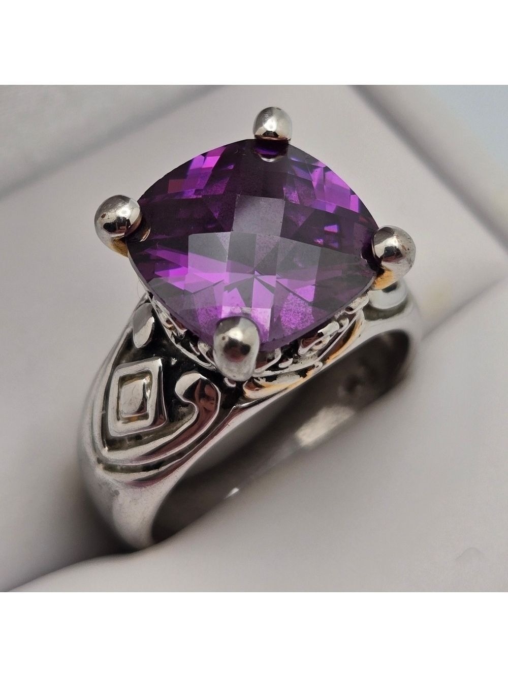 Purple Faux Amethyst Statement Ring Silver Tone Gemstone Cocktail Ring Size 8